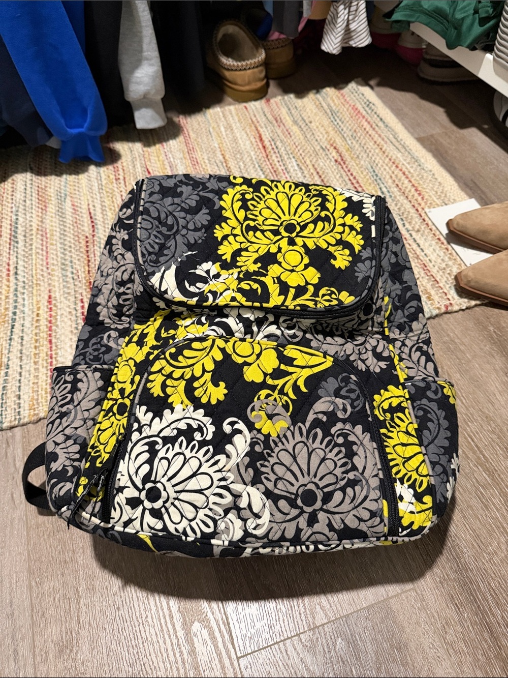 Vera Bradley Floral Quilted Backpack - Black with Yellow & Gray Accents